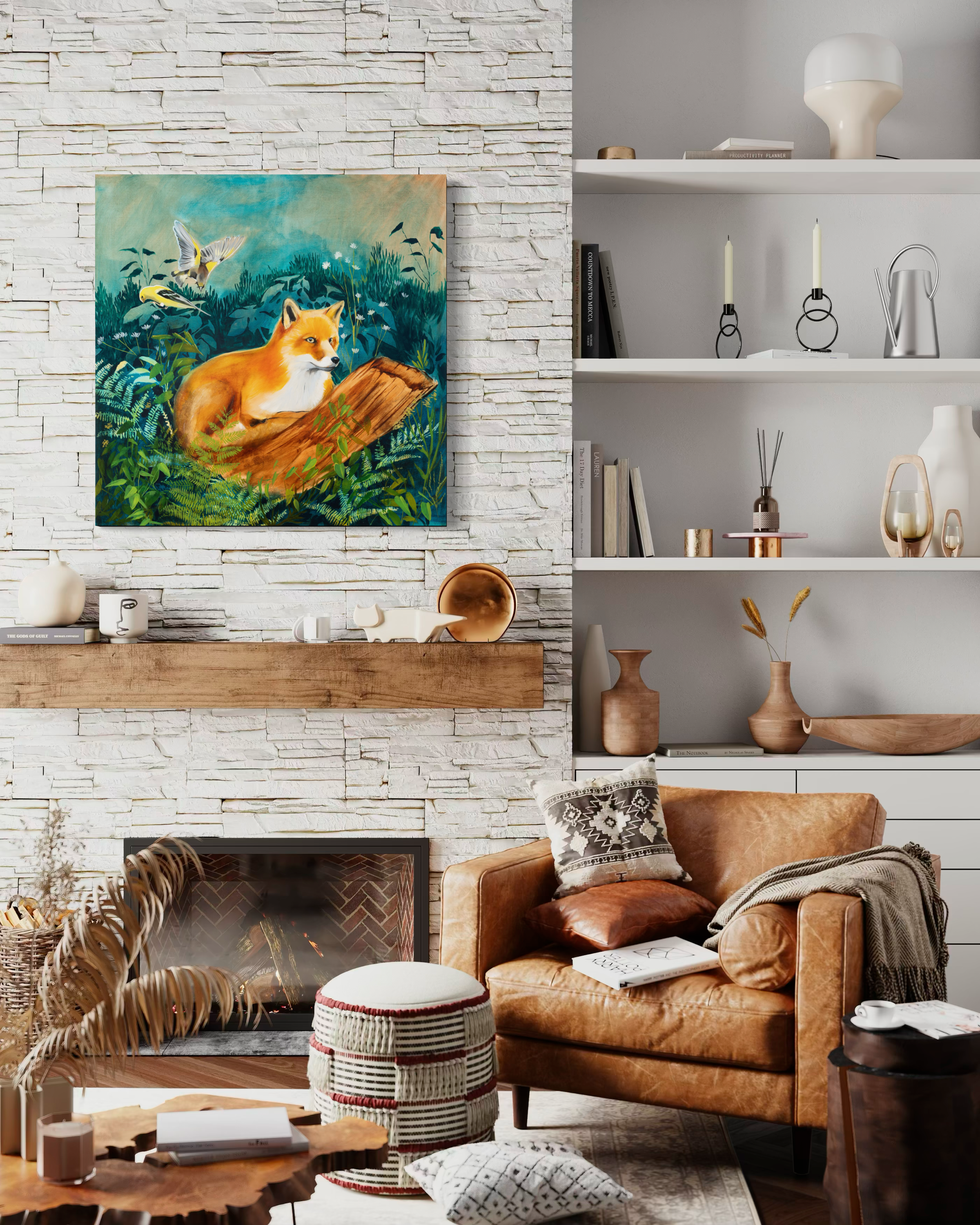 Deep Woods - Fox & Finches 36 x 36