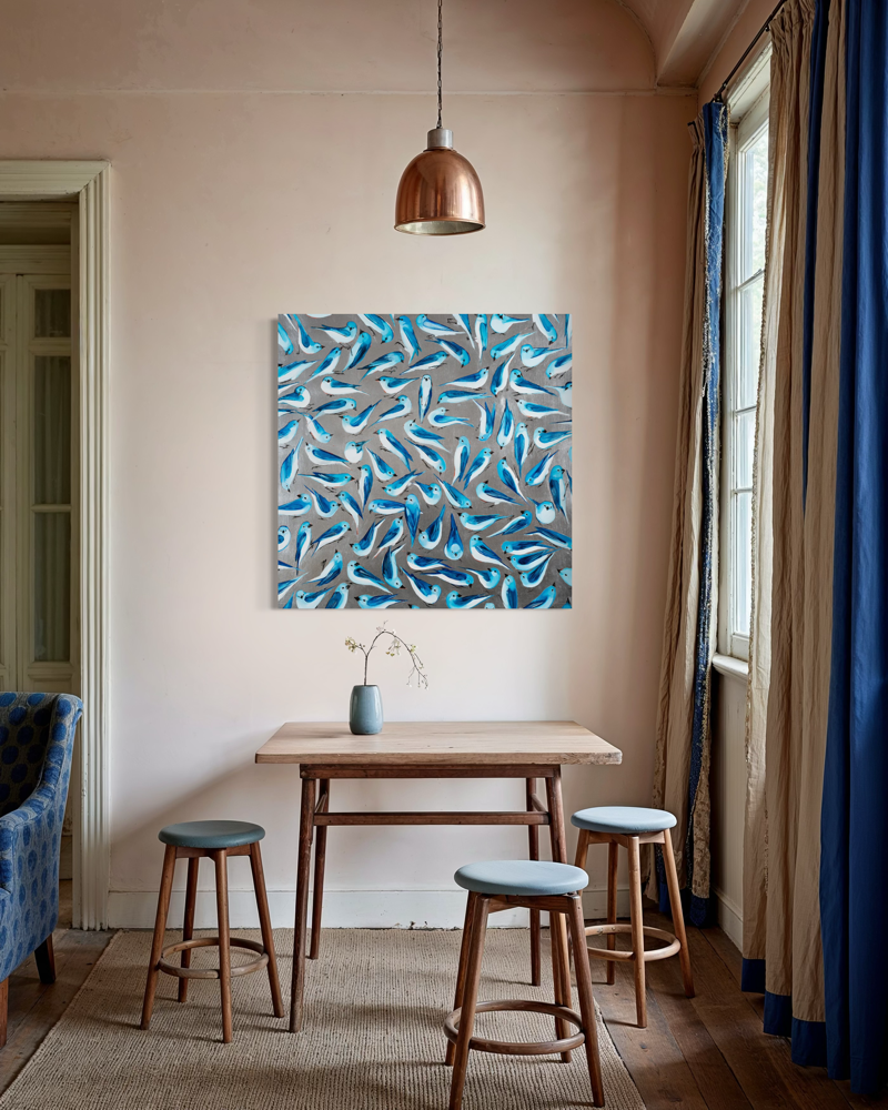 Bluebirds on Silver 36 x 36