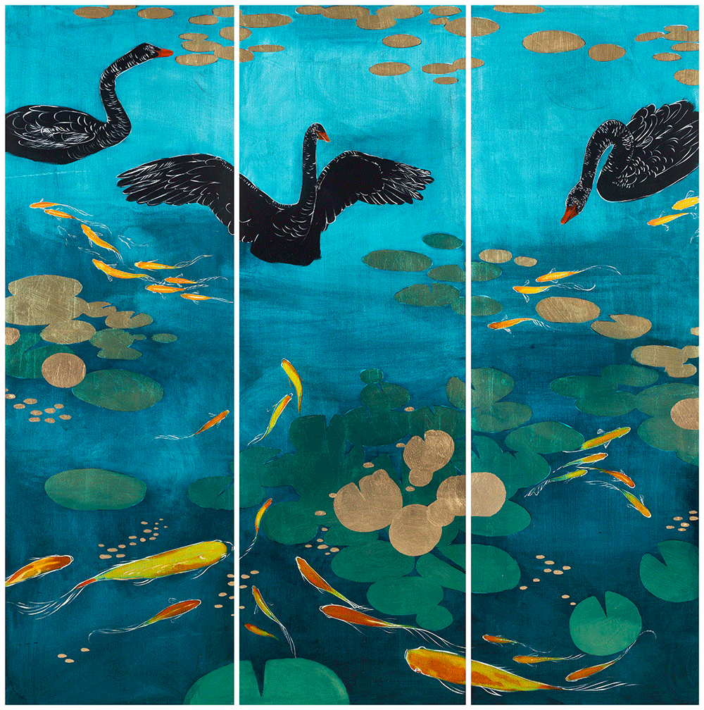 Black Swan Triptych 72 x 72