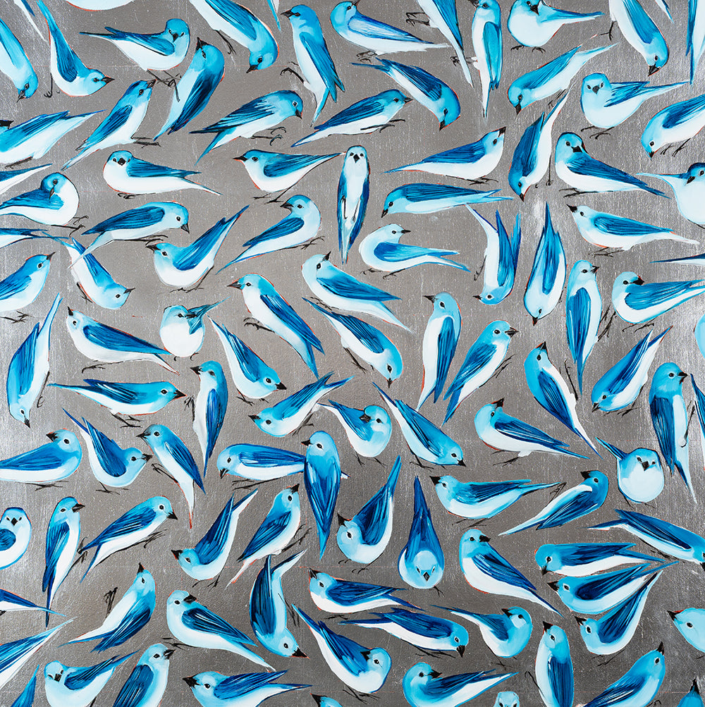 Bluebirds on Silver 36 x 36