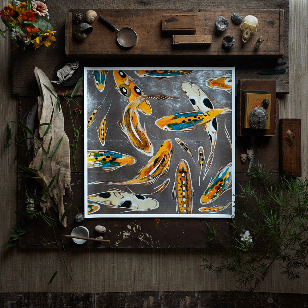 Koi on Silver - Gilded Print